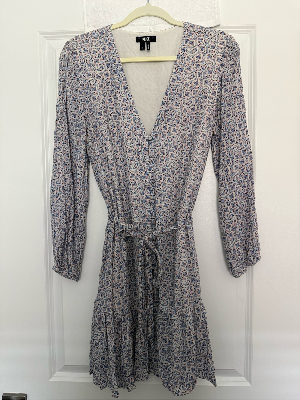 PAIGE Blue and Cream Floral-Print Long Sleeve Wrap Dress